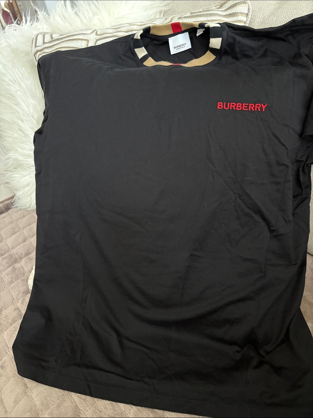 Burberry Black Tee with Red Logo and Check Trim